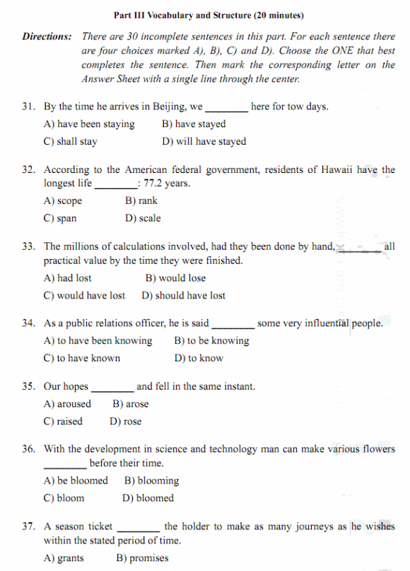 2012年12月英语四级语法词汇练习题(1)