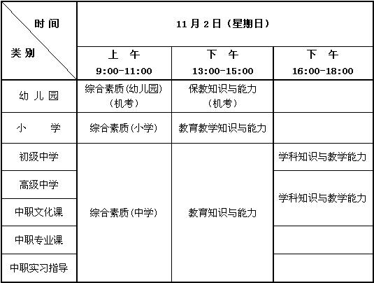 2014年下半年中小学教师资格考试笔试时间安排
